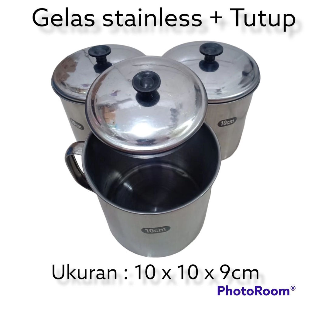 Gelas Stainless + tutup / cangkir Stainles Stell 10 cm gagang / Mug Kopi Gelas Stainles