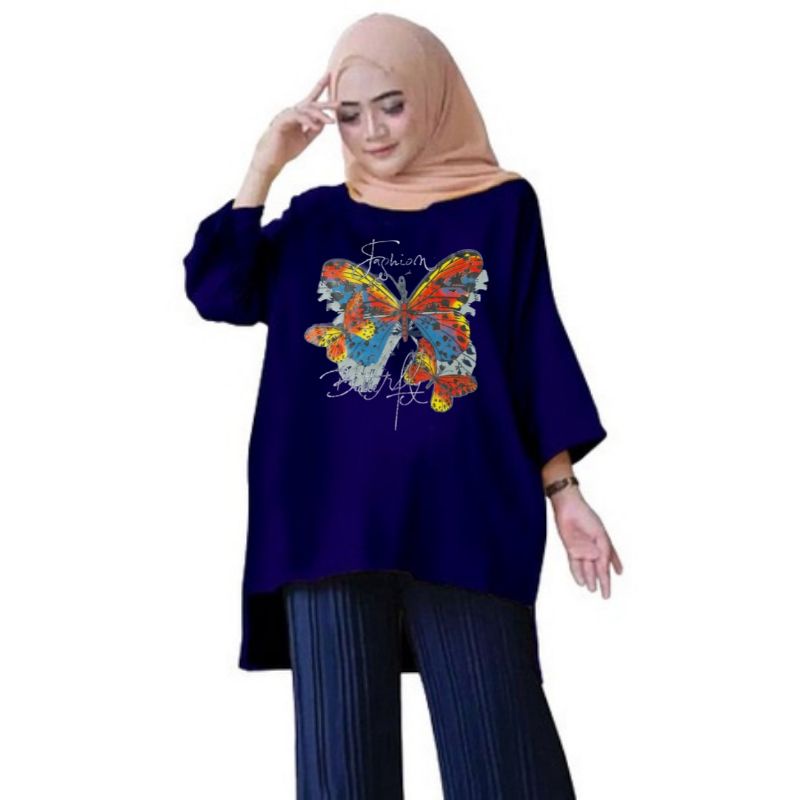 Tunik Wanita Oversize XXL LD 130 Cm Tangan 3/4 Bahan Kaos Babyterry . Baju Wanita Jumbo Atasan Tunik Dewasa Big Size Terbaru 2023 Kekinian Viral Murah butterfly