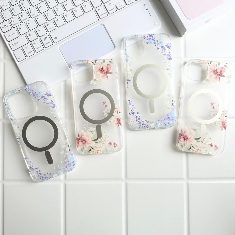 Clear Magnetic Magsafe Wireless Case with Flower Pattern