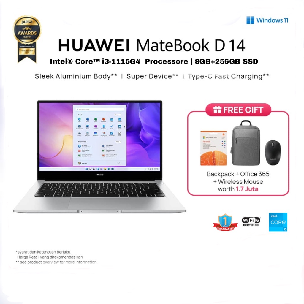 HUAWEI MateBook D 14 i3-1115G4 8GB/256GB SSD | Win11 laptop | Sleek Metal Body | 14inch FHD Ultraboo