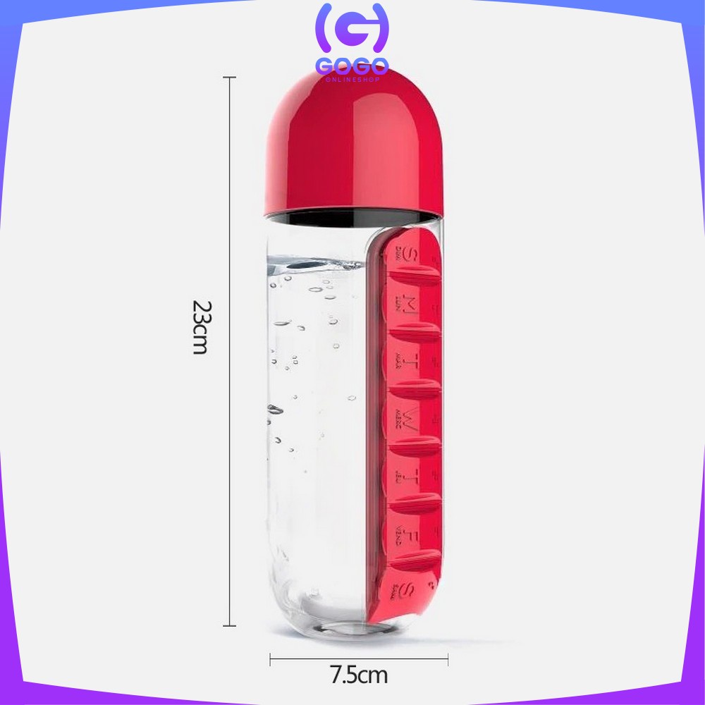 GOGO-C313 Botol Minum 2 IN 1 Botol Air Minum 600ML + Kotak Obat Harian / Botol Minum Obat / Bottle Water Tumbler Outdoor