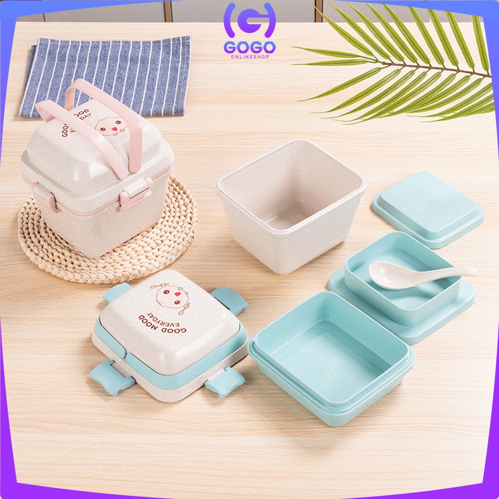 GOGO-C692 Lunch Box Set Kotak Makan Anti Tumpah Free Sendok Bahan PP Jerami Gandum / Tempat Bekal Bento Set Microwavable Good Mood Everyday Portable BPA FREE