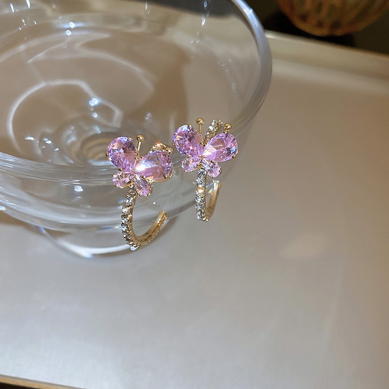 Mhang Anting Tusuk Silver S925 Bentuk C Desain Kupu-Kupu Hias Zircon Pink Gaya Korea Untuk Wanita