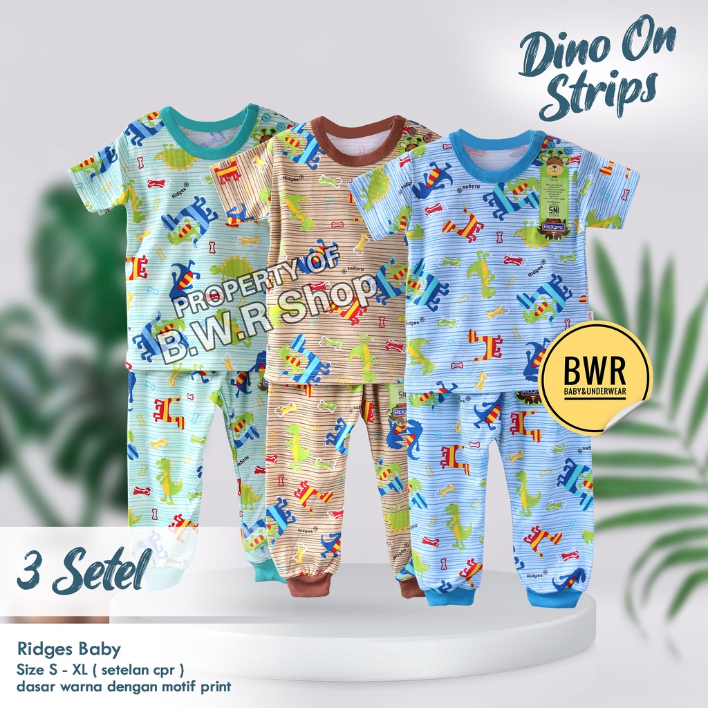 [ 3 Setel ] CPR Ridges Dino On Strips Terbaru / Setelan Ridges Baju Bayi Piyama Anak Unisex Kaos Pendek Celana Panjang Terlaris 10rs | Bwr