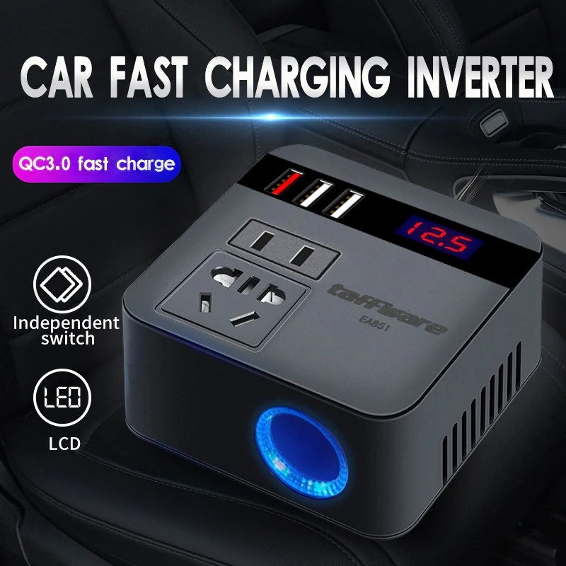 Car Power Konverter DC 12/24 V to DC 110/220 V 150 W with 3 USB Port - EA851 - Black 7RCI0FBK