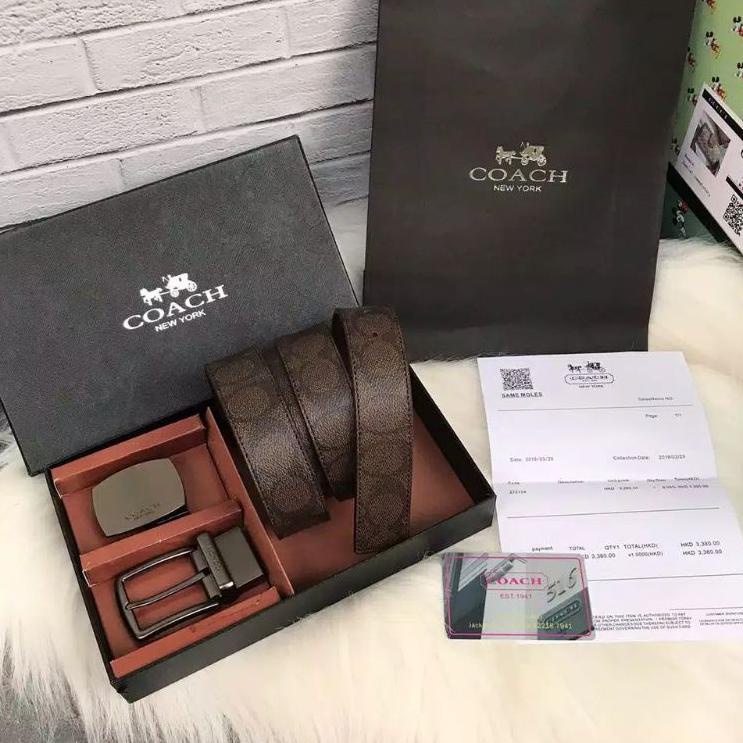 Langsung Atc COACH Ikat Pinggang Pria Reversible Gesper Pria Kulit Asli Set Gift Box