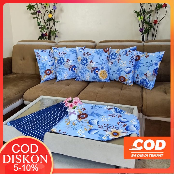 COD PAKET SARUNG BANTAL KURSI SOFA SET 5 PCS 40x40 DAN TAPLAK MEJA TAMU PREMIUM MEWAH ANEKA MOTIF  D
