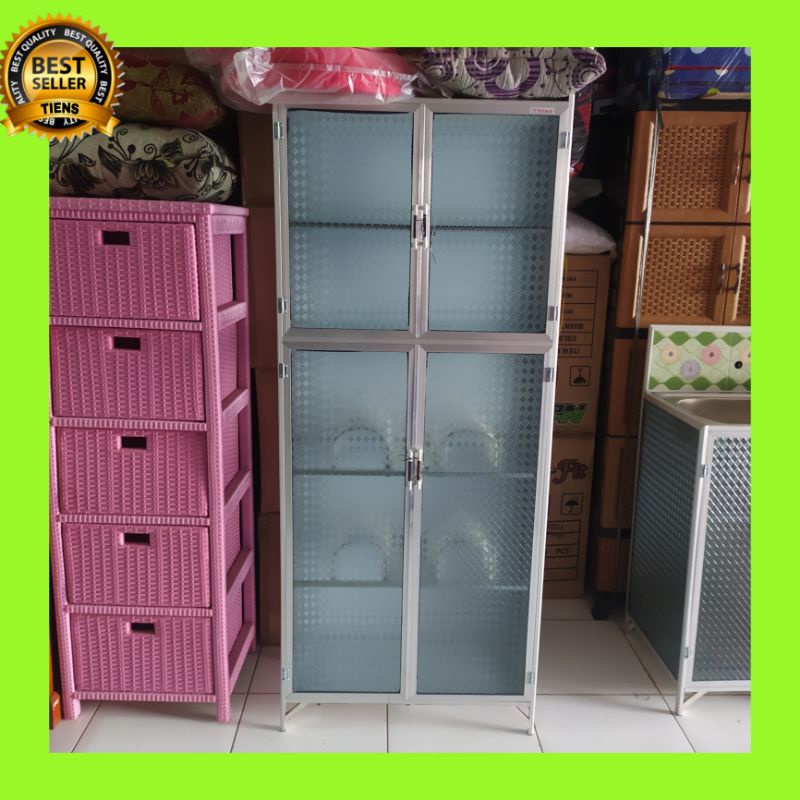 lemari rak piring 2 pintu kaca alumunium