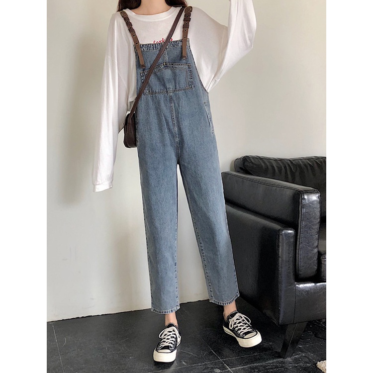 Overall Kaki Lebar Longgar Pinggang Tinggi Gaya Korea Wanita---Celana Kodok Jeans Wanita