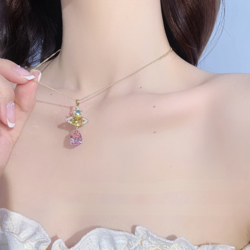 Kalung Rantai Klavikula Hias Liontin Planet Bumi Berlian Warna Pink