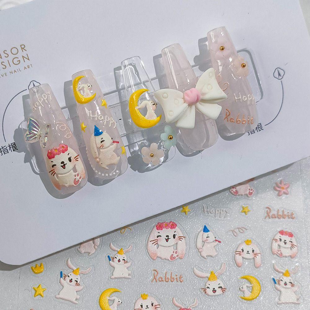 AUGUSTINA Agustina Kartun Kelinci Stiker Kuku Gadis Yang Indah Realistis Nail Art Decals Tahun Baru Salon Kuku Manicure Charms