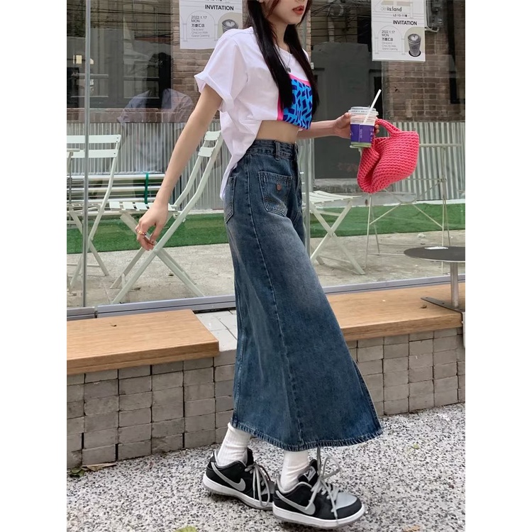 Rok Denim Wanita Tinggi Pinggang Lurus Longgar  Split Panjang Over-The-lutut Rok