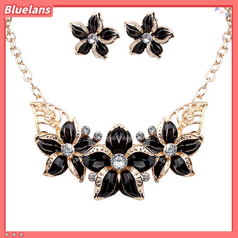 Bluelans Fashion Women Rhinestone Flower Statement Pendant Necklace Earrings Jewelry Set