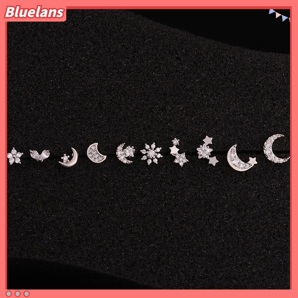 1pc Anting Stud Cubic Zirconia Inlaid Bentuk Bunga Bintang Bulan Untuk Wanita