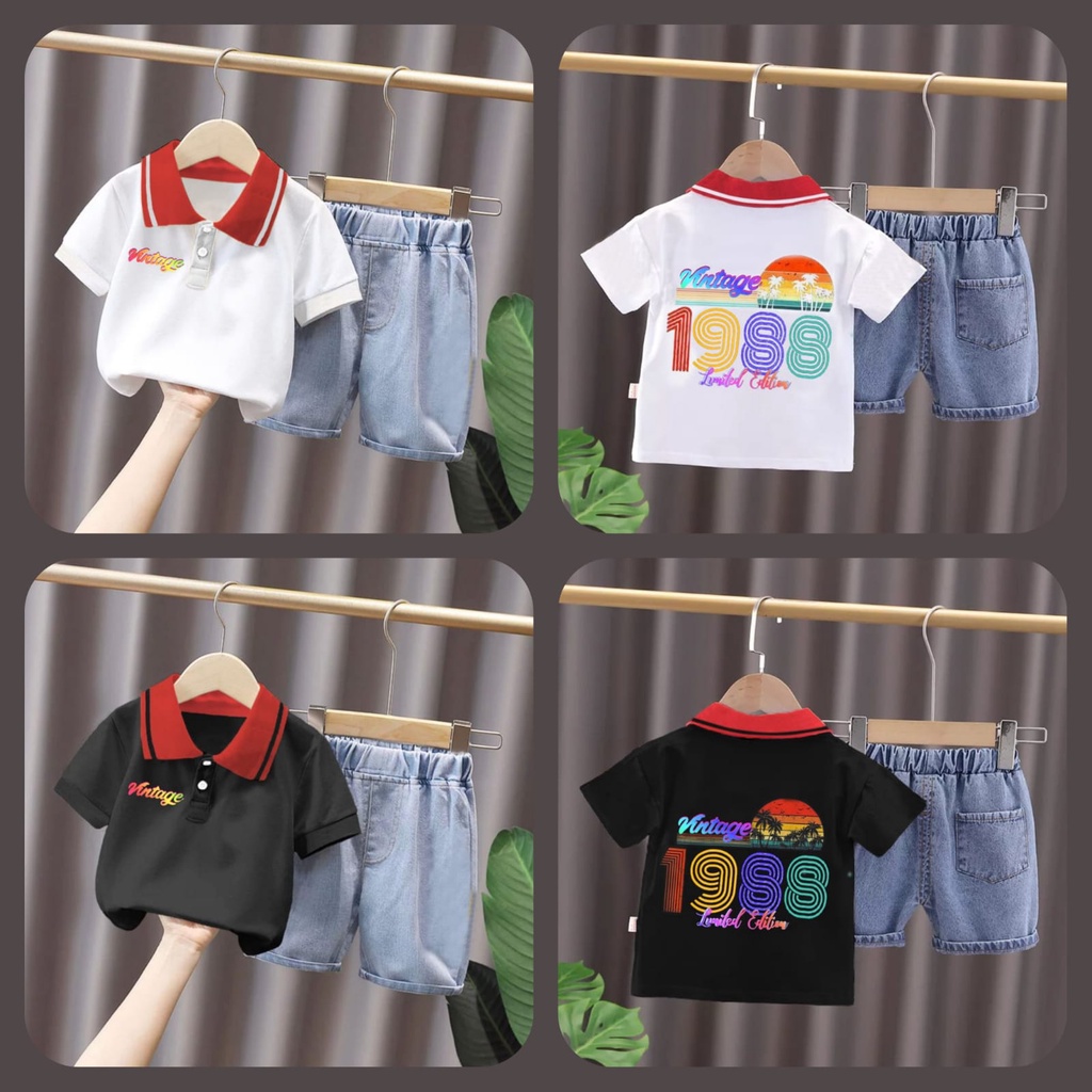 PROMO / SETELAN BAJU ANAK MOTIF POLO VINTAGE DENIM / BAJU ANAK LAKILAKI DAN ANAK PEREMPUAN / PAKAIAN ANAK USIA 6-10BLN 1-5THN TERBARU / BAHAN COMBED LENGAN PENDEK DAN CELANA DENIM PENDEK / OOTD ANAK MODEL TERPOPULER SAAT INI / COCOK SAAT DIPAKAI ANAK-ANAK