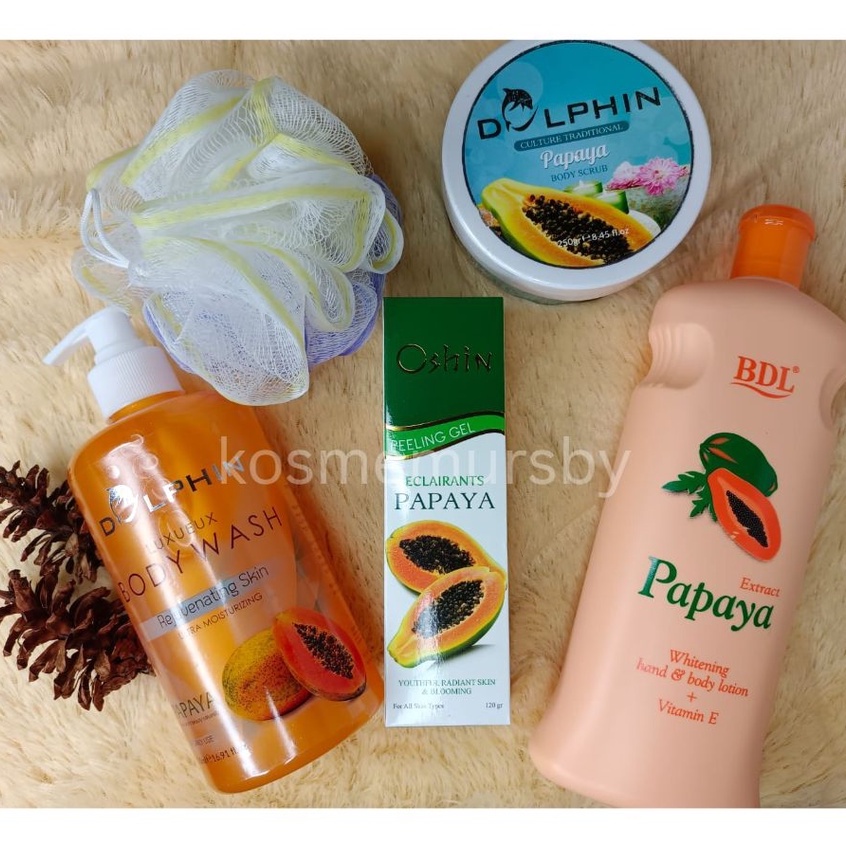 5 IN 1 Paket Sabun Papaya DOLPHIN + OSHIN Peeling Gel + Handbody BDL + Bodyscrub DOLPHIN + Spons
