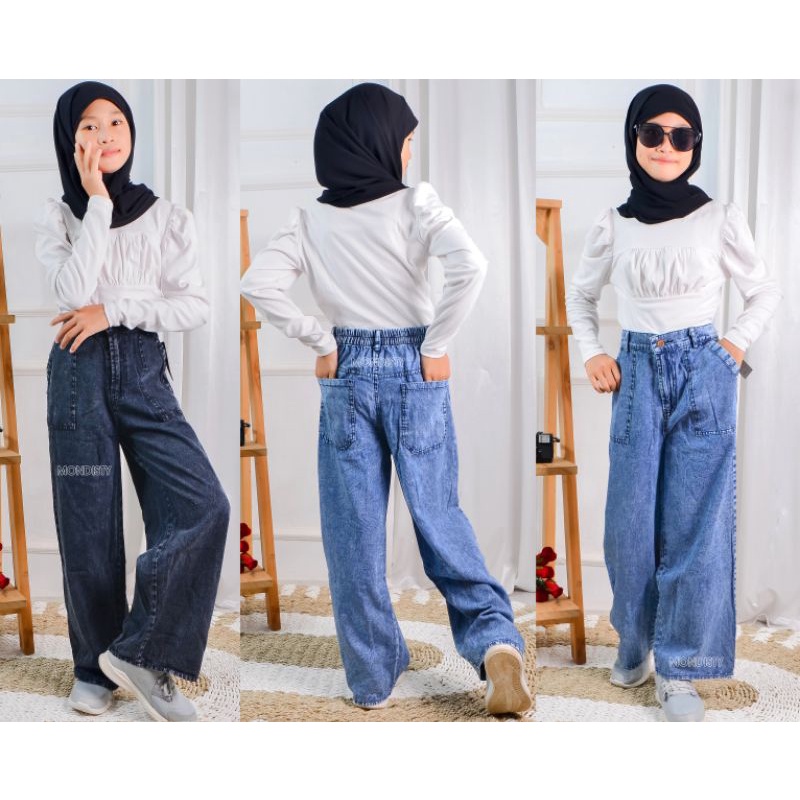 Celana kulot Jeans Anak Panjang Perempuan Remaja 5 6 7 8 9 10 11 12 13 Tahun Motif Snow Wash Black B