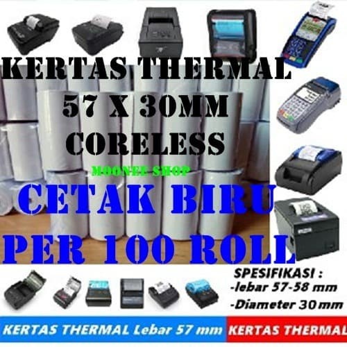 

Kertas Thermal Kertas Thermal 57 X 30 / 57X30 / 58 X 30 / 58X30 Mm Polos Per 100 Biru