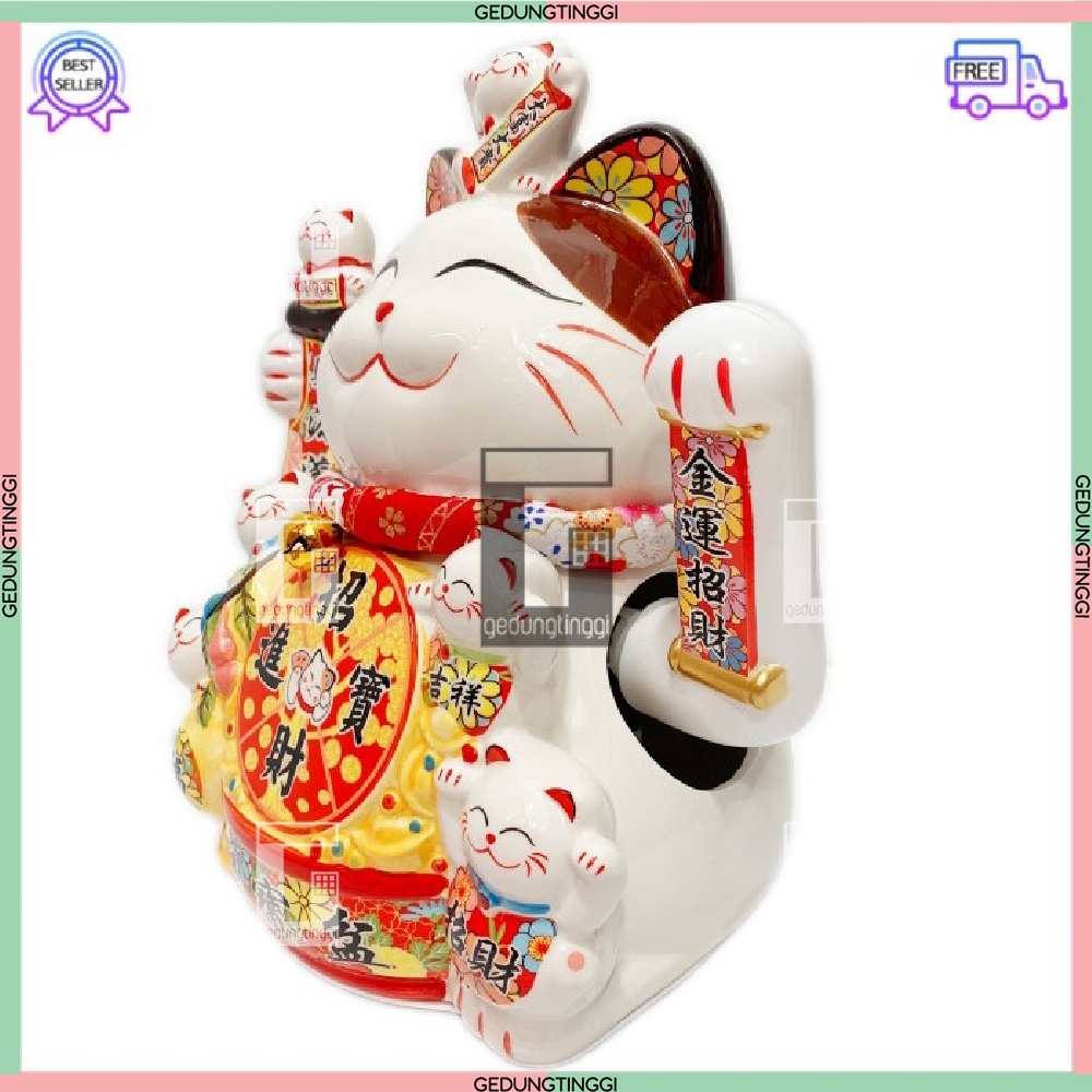 Patung Pajangan Hiasan Dekorasi Boneka Kucing Panggil Rejeki Rezeki Hoki Maneki Neko Maneko Neki ManekiNeko Lucky Cat Keberuntungan Keramik Baterai Batrai Batre Listrik Tangan Goyang Gerak Hias Meja Etalase Toko Kantor Resto Cafe Murah Cina China Jepang