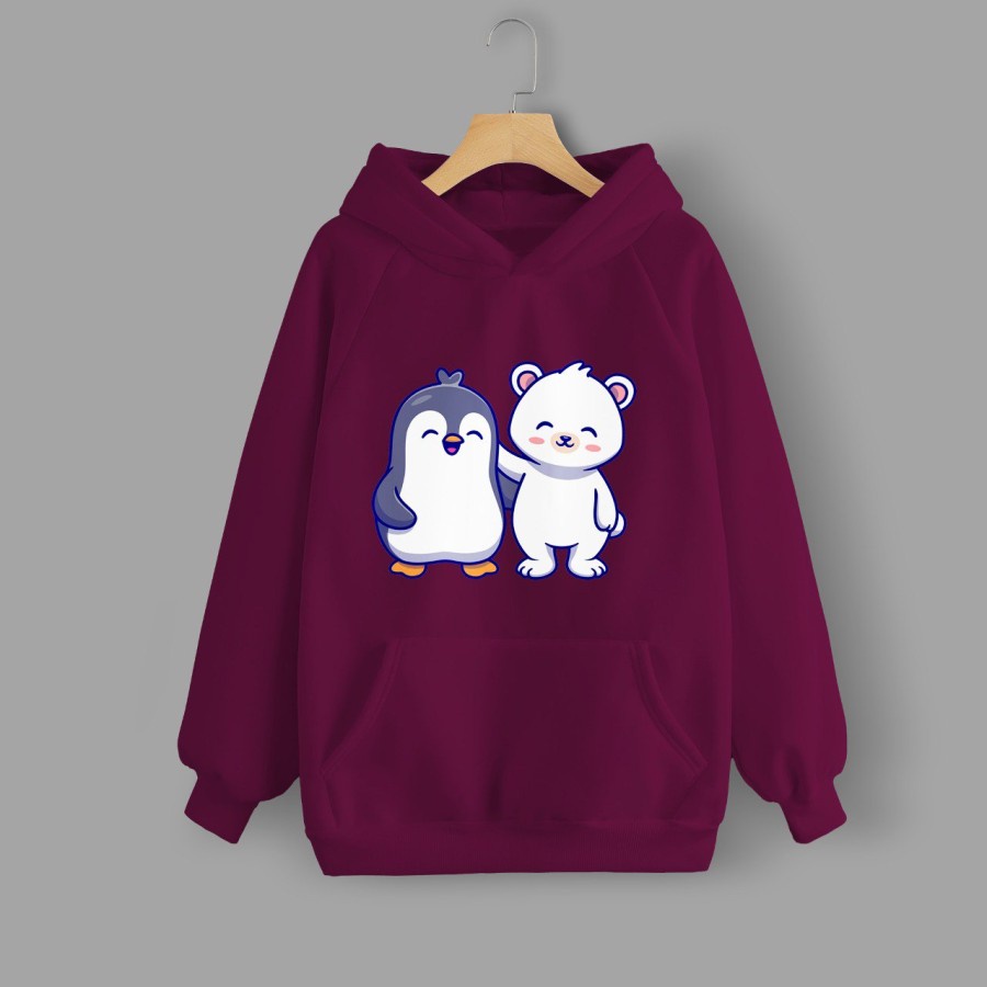 Hoodie Wanita Gambar Pinguin Bear Warna Burgundy Terbaru Vallenca Official