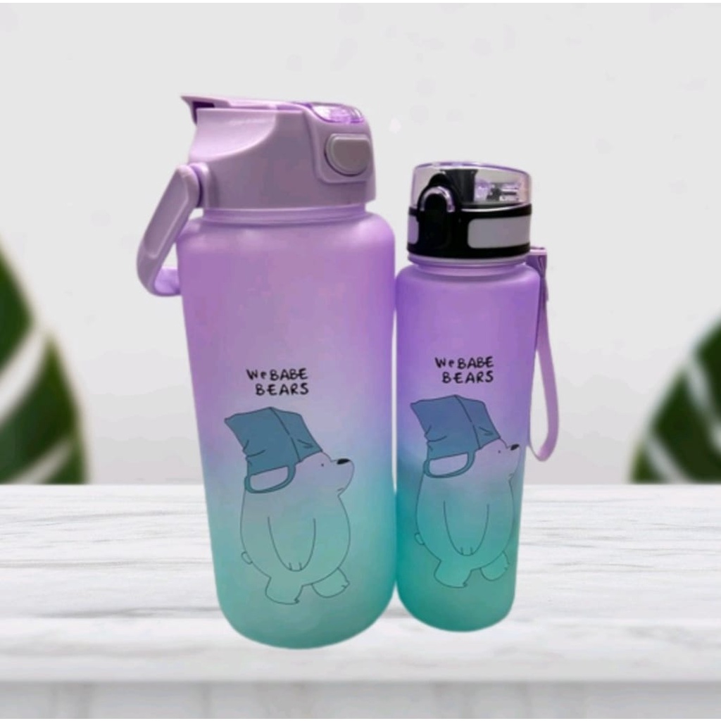 Botol Minum Couple Pasangan + Sticker 2D &amp; 3D Gradasi We Babe Bear 1Set 2 Liter Dan 800ML Food Grade Bebas BPA Dengan Penanda Waktu Webabe Bears-Botol Minum Viral Motivasi 2in1 Botol Minuman Anti Bocor Awet Tahan Lama
