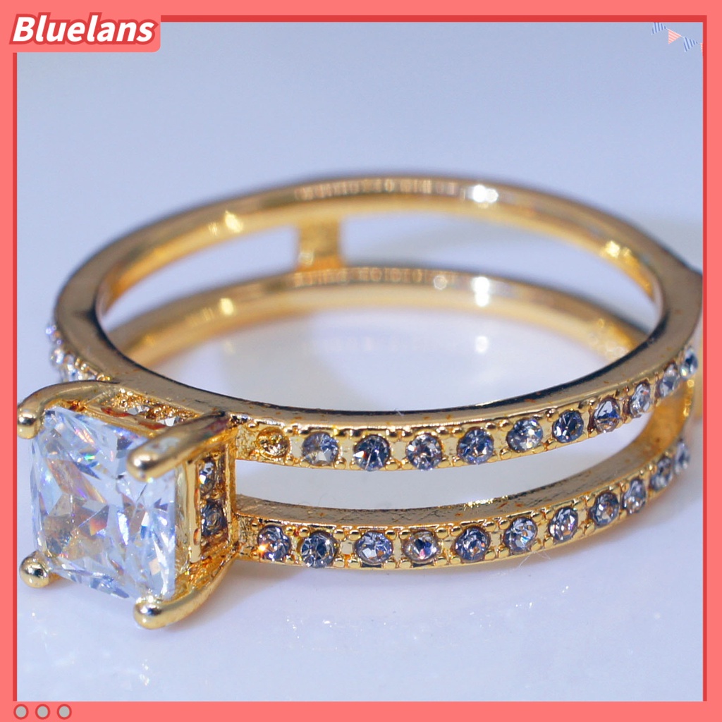 Bluelans Cincin Wanita Model Lapis Ganda Bentuk Persegi Aksen Berlian Imitasi Untuk Pernikahan