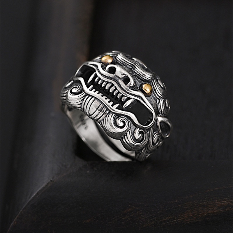 Cincin Model Terbuka Adjustable Desain Singa Lapis Silver Gaya Hip Hop Untuk Pria