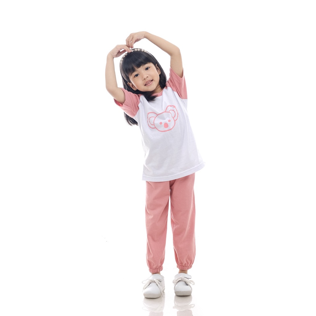 Setelan Kaos Playset Anak Setelan Joger Couple Baju Tidur Piyama Anak Raglan Unisex Celana Panjang Pink Koala