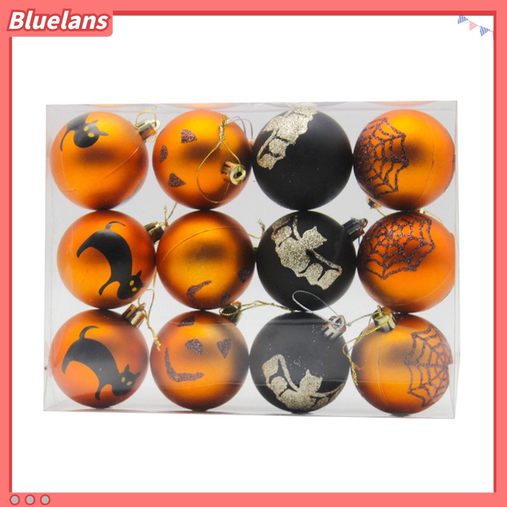 12pcs Ornamen Gantung Bentuk Bola Bulat Motif Kucing Kelelawar Untuk Pesta Halloween