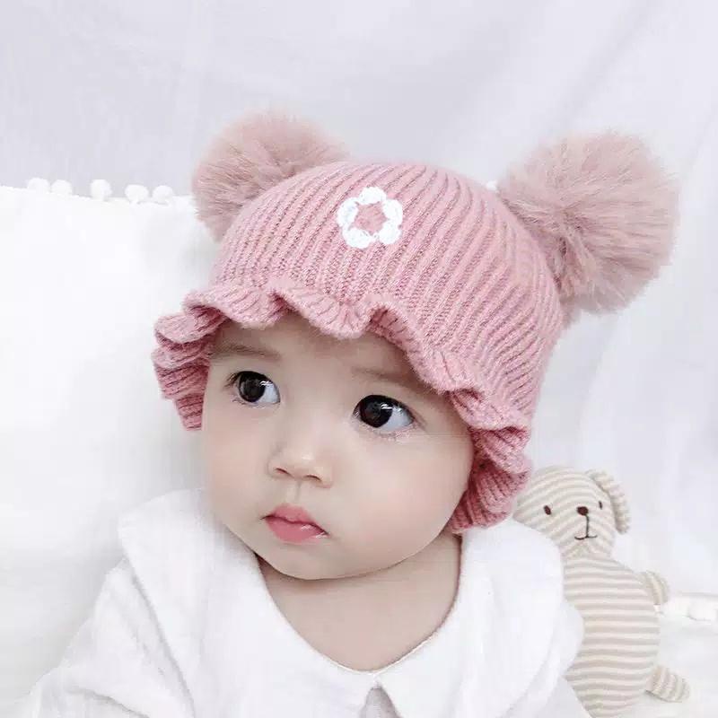 7.7 Topi Bayi Perempuan Motif POM POM Bunga / Topi Kupluk Rajut bunga / Topi Rajut bayi 0-2 tahun