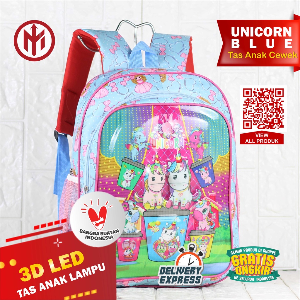 Tas Anak Cewek LED Lampu Karakter 3D Kuda Pony Biru Ransel Perempuan Sekolah PAUD TK SD Murah Keren