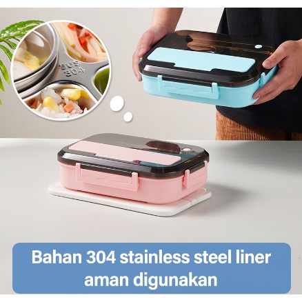 LDS SS35 Kotak Makan 3 Sekat / Lunch Box Stainless 304 Tahan Panas dan Anti Tumpah Kualitas Premium Free Sendok+Sumpit