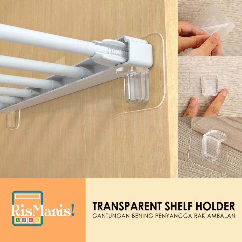 TRANSPARENT SHELF HOLDER - 1 pcs Gantungan Penopang Siku Ambalan Pengait Hanger Tempel Kuat Hook Akrilik Bening Kokoh Penyangga Sekat Laci Lemari