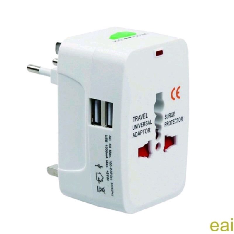 Stop Kontak Colokan Listrik + 2 USB Travel Adaptor Universal Internasional