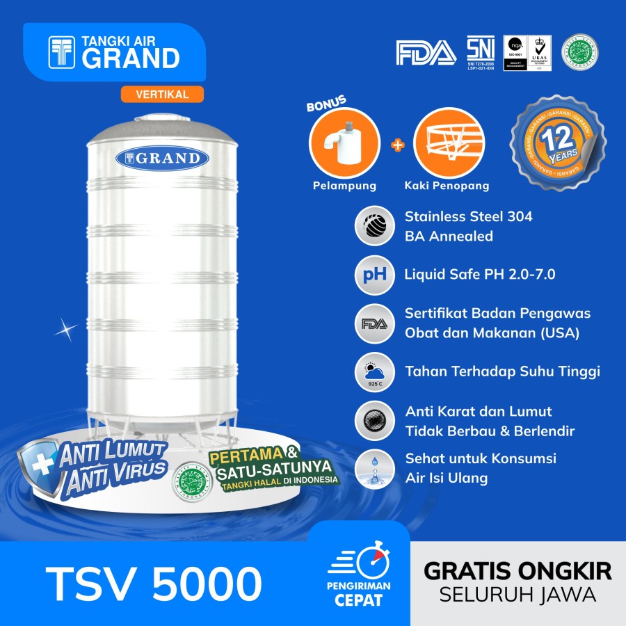 Toren Tandon Tangki Air Stainless Grand Type TSV 5000 Anti Lumut Garansi 12 TH Tangki Air 4700 L NEW PRODUCT