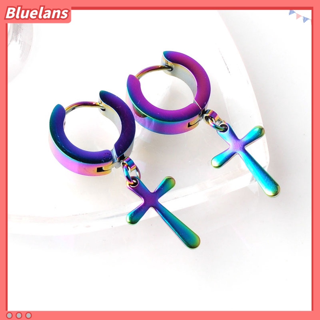 1 Pc Anting Hoop Dangle Cross Bahan Stainless Steel Gaya Korea Untuk Unisex