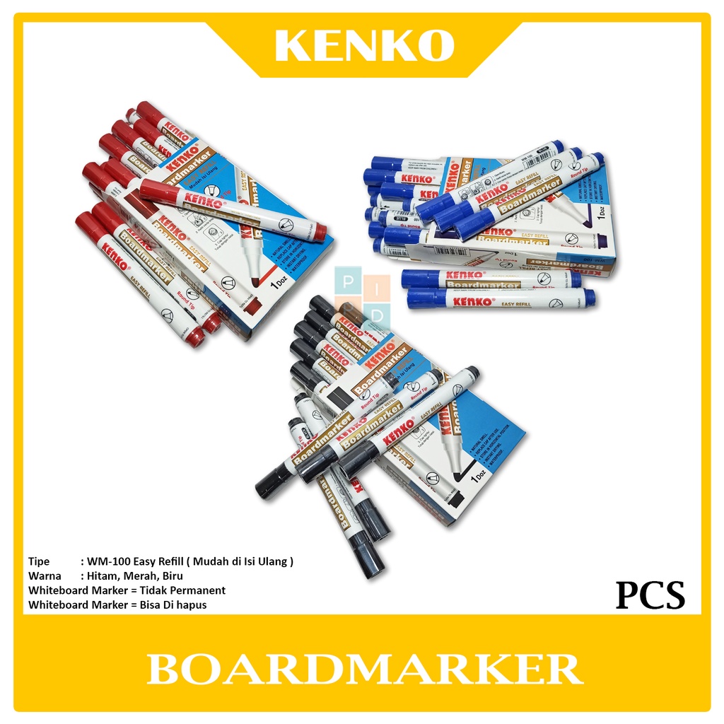 

Kenko Spidol Whiteboard Marker WM 100 Biru Merah Hitam -Pcs