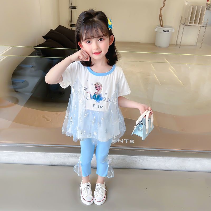 [PRINCESS KESLI] 1-9 tahun Baju anak perempuan kartun Elsa T-shirt/baju bayi perempuan lengan pendek + legging/