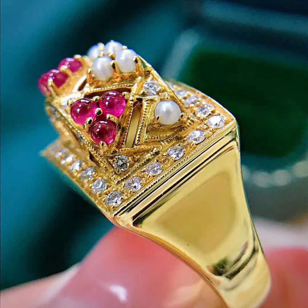 Goldkingdom Perhiasan Fashion 24K Bangkok Aksesoris Ready Stock Cincin Zirkon Hias Berlian Ganda Berlebihan Garnet Mutiara Berlapis 18-karat Cincin Emas Asli Kadar 375 Untuk Wanita