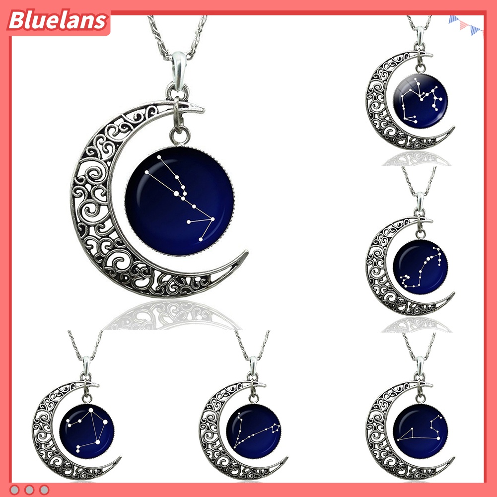 Kalung Liontin Bulan Sabit Astrologi Bahan Kaca Cabochon Model Hollow Untuk Wanita