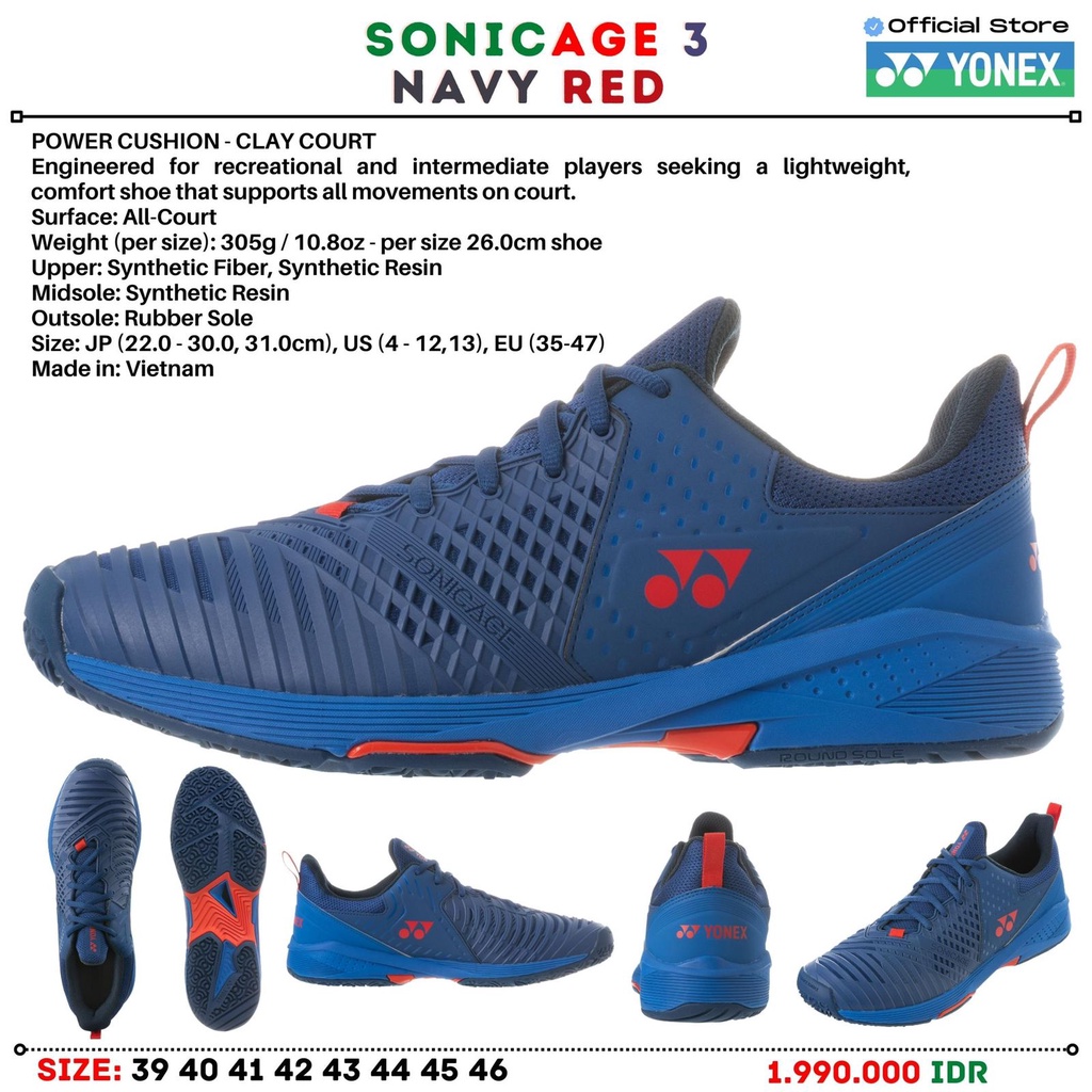 Sepatu Tenis Yonex Sonicage 3 Navy Red Power Cushion 2022 Original