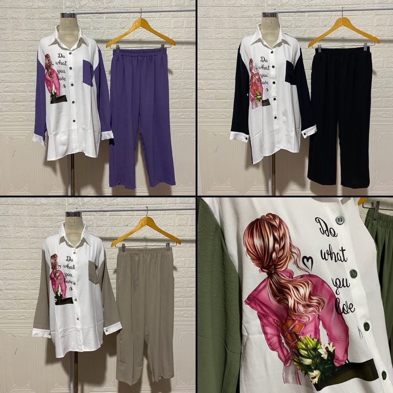 ONE SET CRINKLE STELAN VIRAL KOMBINASI PRINTING DTF SHAKILA GIRL WANITA JUMBO BIGSIZE XXL GROSIR MURAH