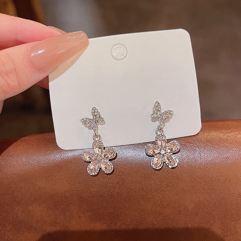 Anting Tusuk Sterling Silver 925 Desain Bunga + Kupu-Kupu Hias Kristal Zircon Mewah Untuk Wanita