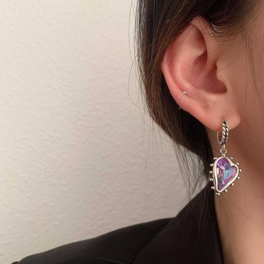 Anting Tusuk Asimetris Bentuk Hati Hias Batu Amethyst Mewah Ala Retro Untuk Wanita