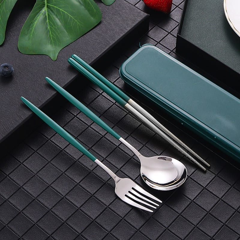 Alat Makan Korea Set /4 in1 sendok garpu set /alat makan set / set sendok garpu sumpit portabel stainless premium