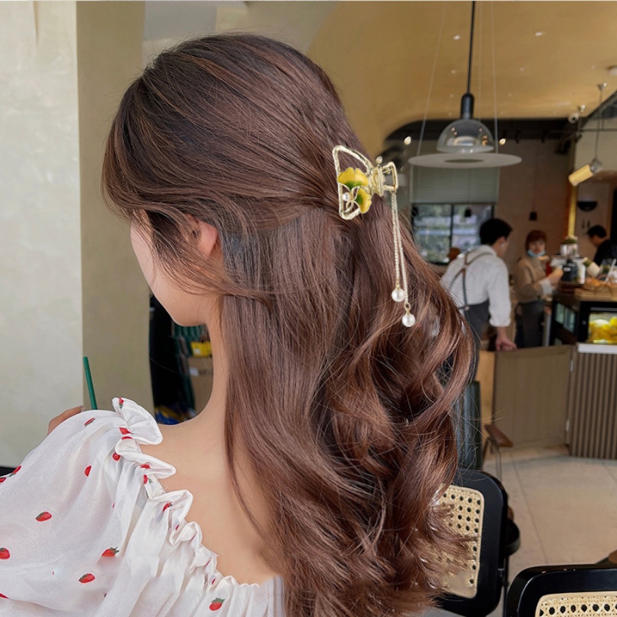 Aksesoris Jepit Rambut Model Rantai Rumbai Motif Bunga Aksen Mutiara Bahan Alloy Gaya Korea Untuk Wanita