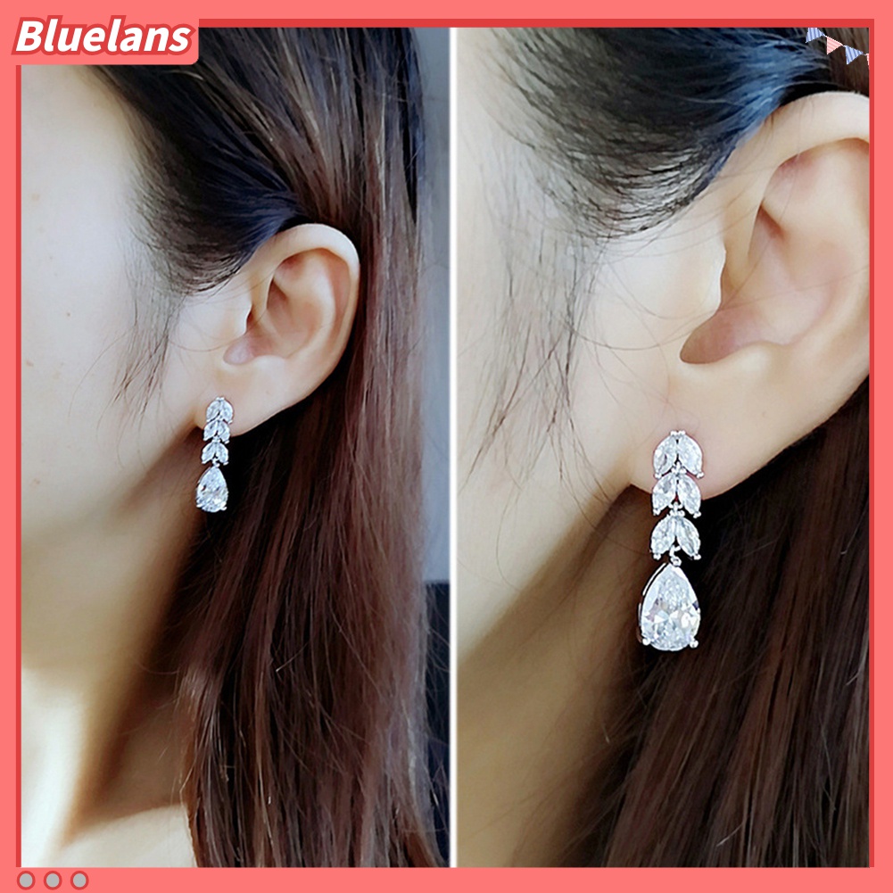 Anting Stud Cubic Zirconia Bentuk Daun Tetesan Air Untuk Wanita