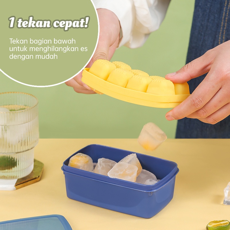 POTE Cetakan Es Batu 8 Tray Silikon Model Tekan Wadah Box Sekop Es Press Type Ice Cube Making Box Ice Storage