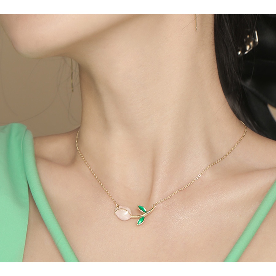 Kalung Rantai Lapis Emas Hias Mutiara Bentuk Tulip Gaya Korea Untuk Perempuan