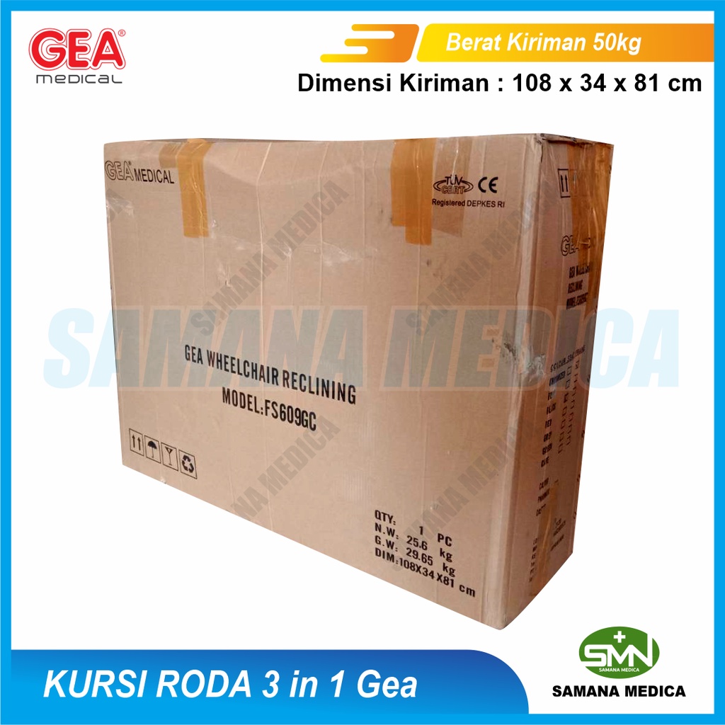 GEA FS609GC Kursi Roda 3 in 1 Serbaguna Multifungsi ( Selonjor + Berbaring + Duduk + BAB) Alat Bantu Orang Tua